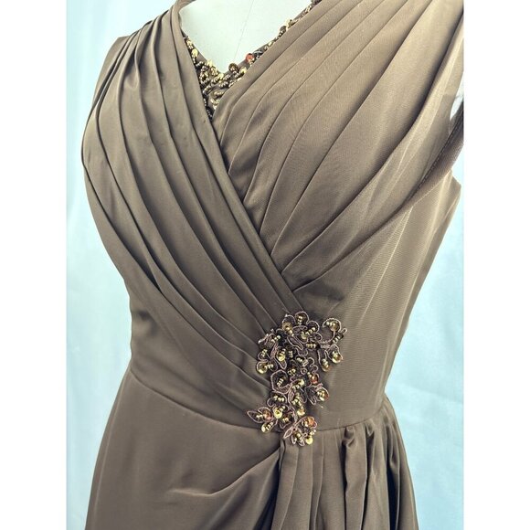 Elegant Brown Evening Gown With Beaded Embellishments & Pleated V-Neck Design - Picture 3 of 5